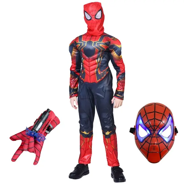 Set costum Iron Spiderman, New Era, rosu, manusa cu ventuze si masca LED, 5-7 ani, 110-120 cm
