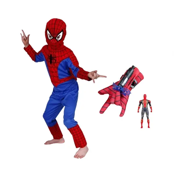 Set costum, manusa cu ventuze si figurina Spiderman, marime 7-9 ani, rosu