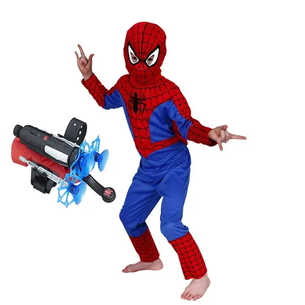 Set costum Spiderman clasic si lansator cu ventuze, 100-110 cm, 3-5 ani