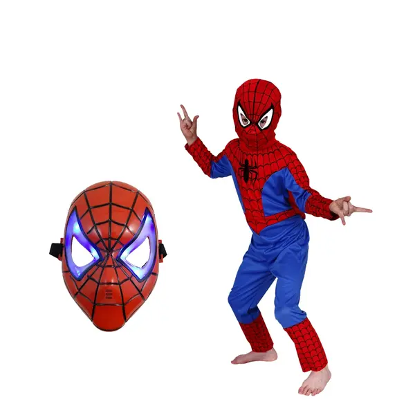 Set costum Spiderman clasic si masca LED, 3-5 ani, 100-110 cm