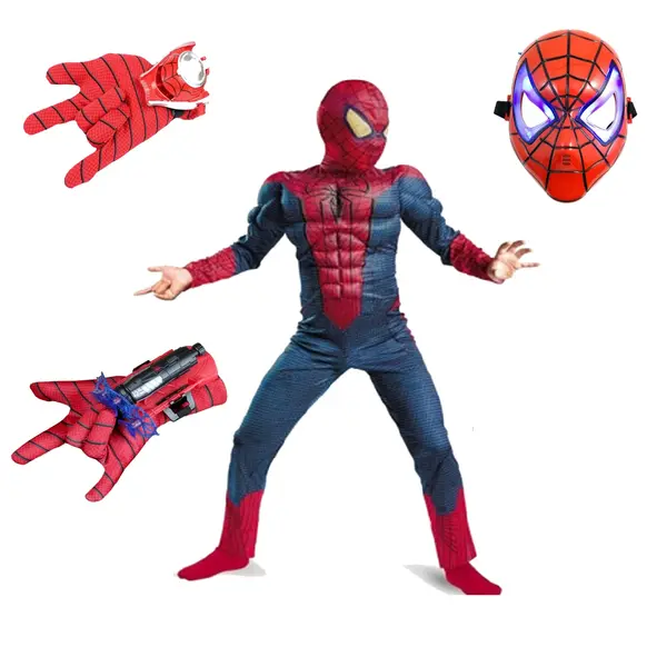 Set costum Spiderman cu muschi, 2 lansatoare si masca plastic LED, rosu, 5-7 ani, 110-120 cm