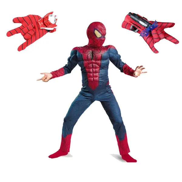 Set costum Spiderman cu muschi si 2 lansatoare, rosu, 95-110 cm, 3-5 ani