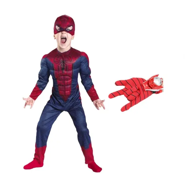 Set costum Spiderman cu muschi si manusa cu discuri, DEPOX , marime M, 5-7 ani, rosu