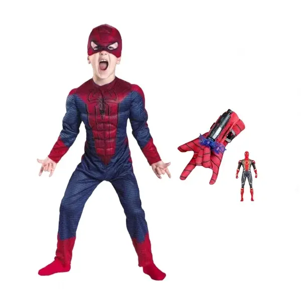 Set costum Spiderman cu muschi si manusa lansator cu 7 ventuze din burete , DEPOX , marime L, rosu