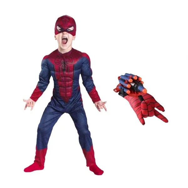 Set costum Spiderman cu muschi si manusa lansator cu 7 ventuze din burete , DEPOX , marime L, rosu