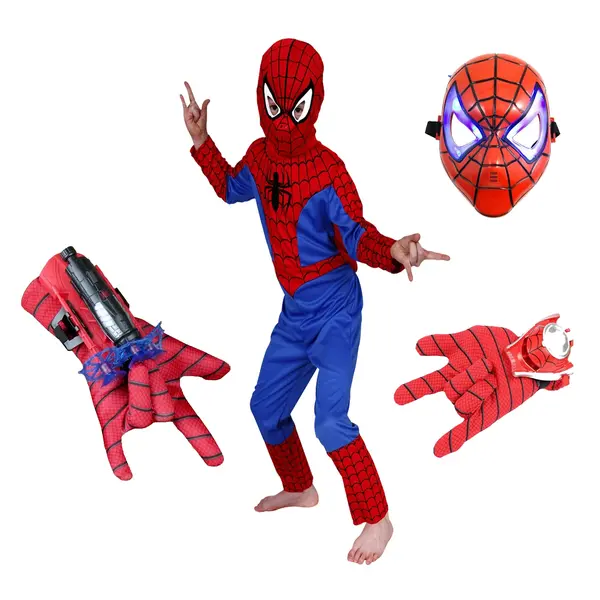 Set costum Spiderman, doua lansatoare si masca plastic LED, rosu, 100-110 cm, 3-5 ani