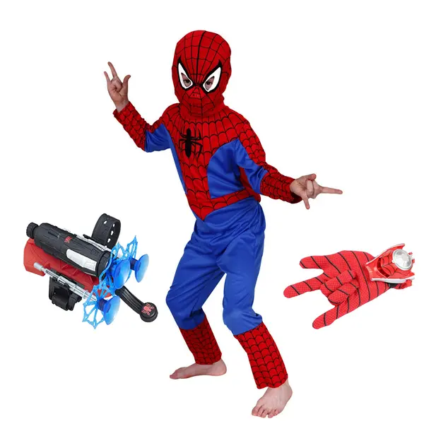Set costum Spiderman lansator cu ventuze si manusa cu discuri, 110-120 cm, 5-7 ani