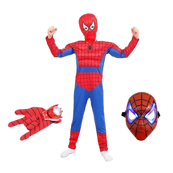 Set costum Ultimate Spiderman pentru copii, 100% poliester, manusa discuri si masca LED, 4-6 ani, 100-110 cm
