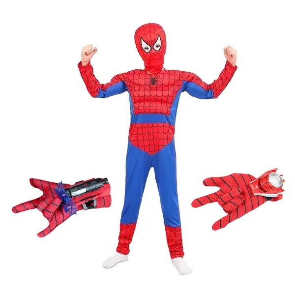 Set costum Ultimate Spiderman pentru copii, 100% poliester, manusa ventuze si discuri, 4-6 ani, 100-110 cm