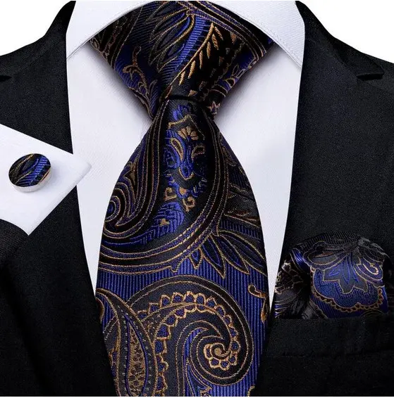 Set cravata albastra bleumarin cu auriu + batista + butoni - matase - model 374