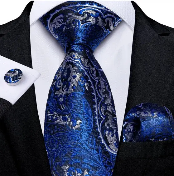 Set cravata albastra cu argintiu + batista + butoni - matase - model 323