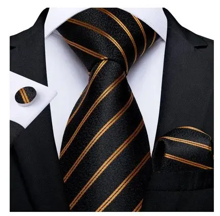 Set cravata neagra cu auriu + batista + butoni - matase - model 270
