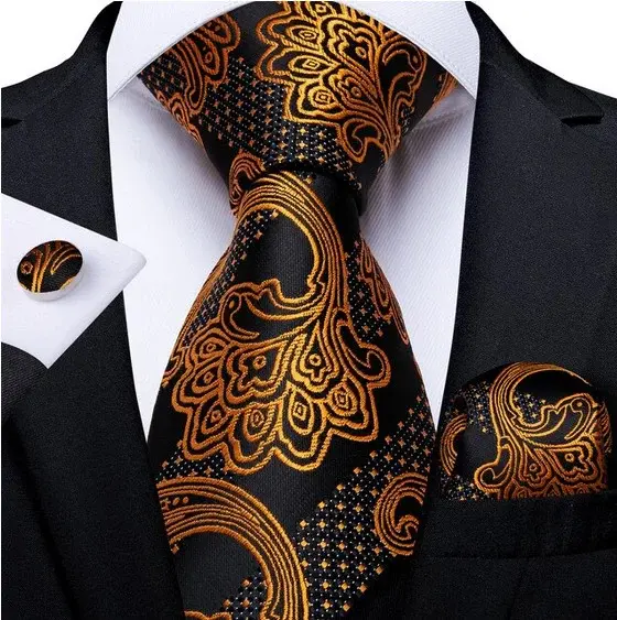 Set cravata neagra cu auriu + batista + butoni - matase - model 359