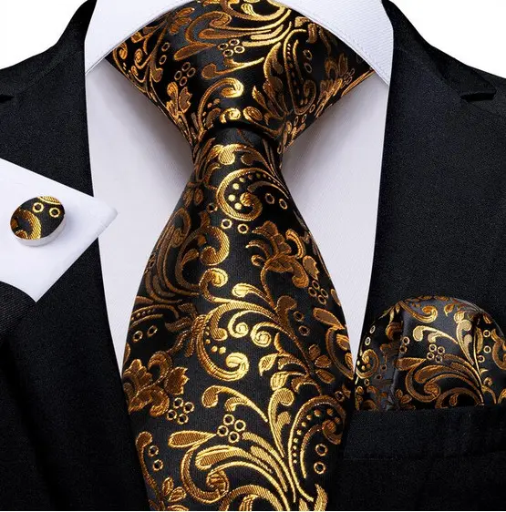 Set cravata neagra cu auriu + batista + butoni - matase - model 416