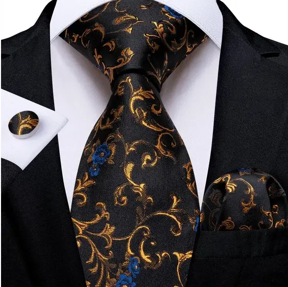 Set cravata neagra cu auriu + batista + butoni - matase - model 421