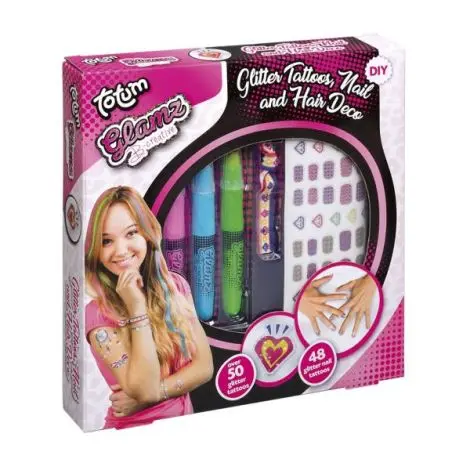 Set creativ 3 in 1, tatuaje cu sclipici, tatuaje cu sclipici pentru unghii si creioane pentru colorarea parului - Fashion Glamz