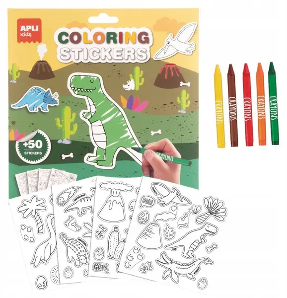 Set creativ cu stickere de colorat Apli Kids - Dinozauri, 57 buc.