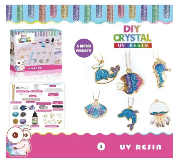Set creativ DIY cu 6 pandantive metalice si rasina UV - tematica ocean