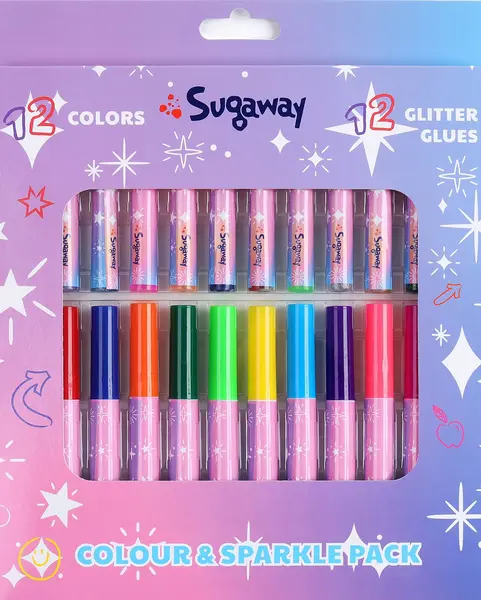 Set creativ Sugaway - 12 pixuri cu vârf de pâslă și 12 bețișoare de lipici cu sclipici