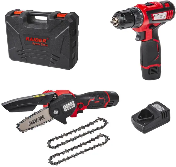 Set cu bormașină pe acumulator și fierăstrău Raider - Pro, RDP-CDLGP02, cu baterii și încărcător