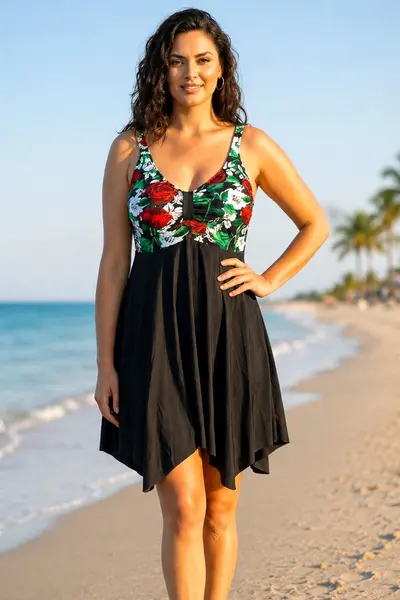 Set cu boxeri si rochie asimetrica de plaja ELARIS, cu bretele reglabile, Marimi Mari - Batal, RED Roses