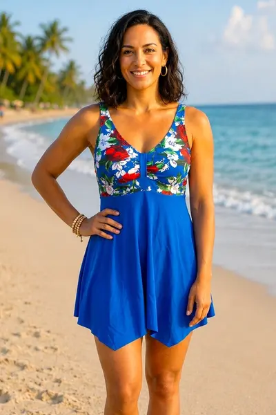 Set cu boxeri si rochie asimetrica de plaja ELARIS, cu bretele reglabile, Marimi Mari - Batal, Floral Blue