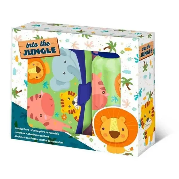 Set cutie sandwich plastic fara BPA si sticla apa din aluminiu, 400 ml, multicolor, Into the Jungle Engros