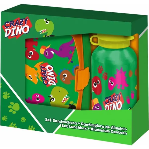 Set cutie sandwich plastic fara BPA si sticla apa din aluminiu, 400 ml, multicolor, Crazy Dino Engros