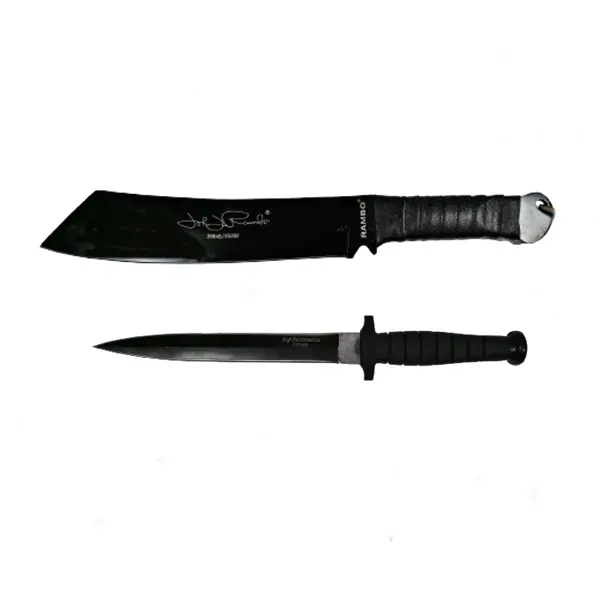 Set Cutit de vanatoare cu doua taisuri si Maceta Rambo, DEPOX , Otel inoxidabil, Negru