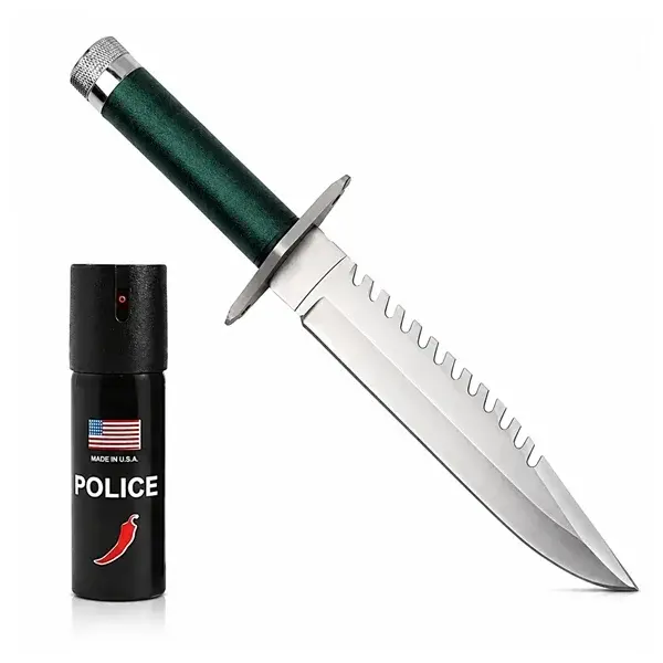 Set cutit de vanatoare si spray paralizant chili, DEPOX , 35 cm 60 ml, teaca inclusa, verde negru