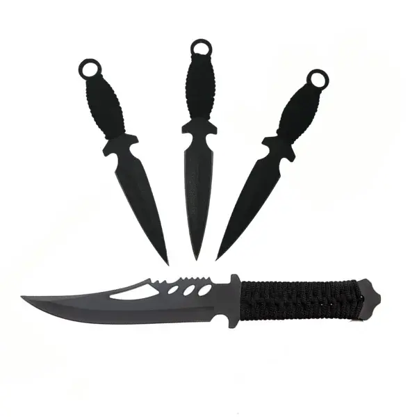 Set Cutit de vanatoare si trei cutite de aruncat, Black Fury, DEPOX , otel inoxidabil,teaca inclusa