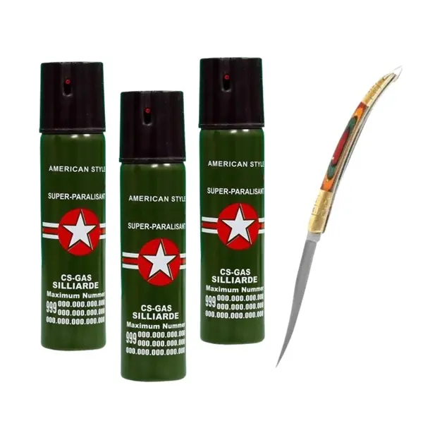 Set cutit model spaniol 18 cm si trei sprayuri piper, auto-aparare, 110 ml, verde