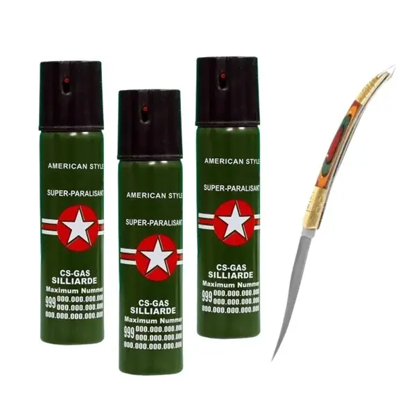 Set cutit model spaniol 20.5 cm si trei sprayuri piper, auto-aparare, 110 ml, verde