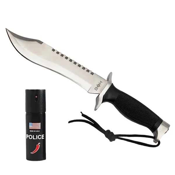 Set cuțit tactic cu lamă fixă pentru activități outdoor și supraviețuire si spray autoaparare chili DEPOX , otel inoxidabil, 30 cm 60 ml