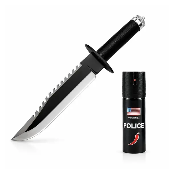 Set cutit tactic de vanatoare si spray paralizant chili, DEPOX , 39.5 cm, negru