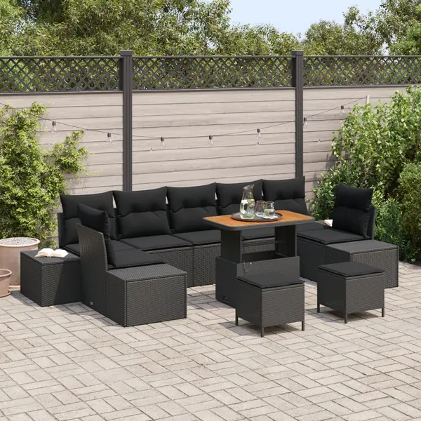 Set de 10 piese de canapea pentru gradina cu perne, poliratan negru, acacia, canapea de gradina cu 2 locuri si perne, poliratan negru, set de 3 piese de dining pentru gradina cu perne, poliratan negru, acacia
