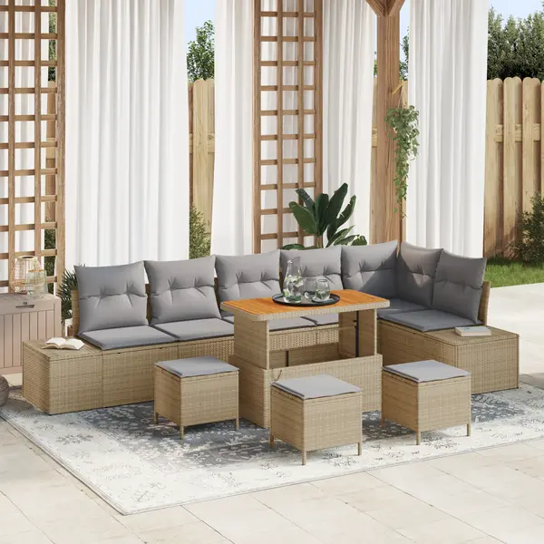 Set de 10 piese pentru gradina cu perne bej poliratan acacia, sofa de gradina cu 2 locuri cu perne bej poliratan, set de dining pentru gradina cu 4 piese cu perne bej poliratan acacia