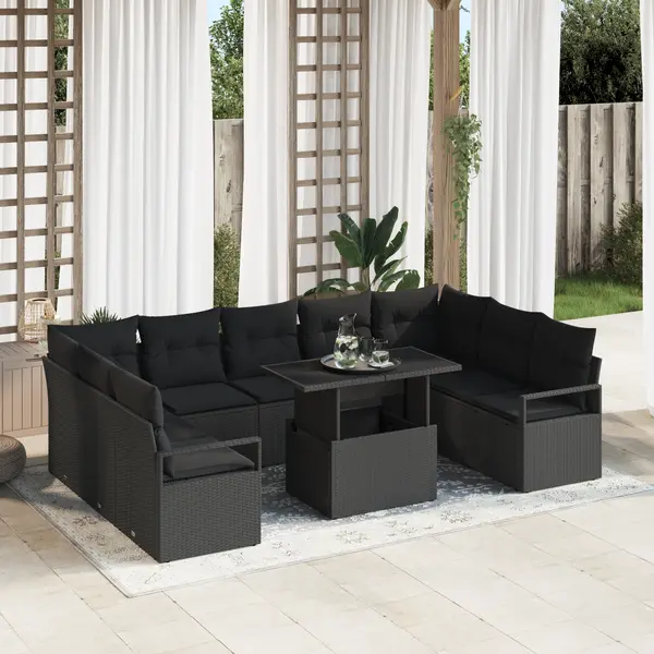 Set de 10 piese pentru gradina cu perne poliratan negru Gossi, canapea de gradina cu 2 locuri si depozitare & perne poliratan negru Gossi
