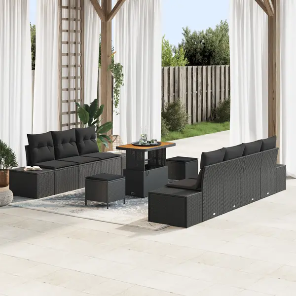 Set de 10 piese sofa de gradina cu perne negru poliratan acacia, sofa de gradina 2 locuri cu depozitare si perne negru poliratan, set de dining gradina 3 piese cu perne negru poliratan acacia