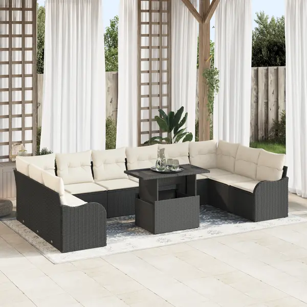 Set de 11 piese canapea gradina cu perne negru ratan polietilenic, canapea gradina cu 2 locuri si perne negru ratan polietilenic