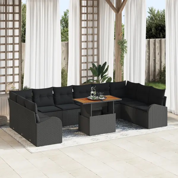 Set de 11 piese de sofa pentru gradina cu perne negru ratan polis, sofa pentru gradina 2-seater cu depozitare si perne negru ratan polis