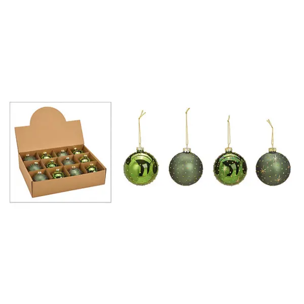 Set de 12 globuri din sticla verde cu auriu diametru 8 cm