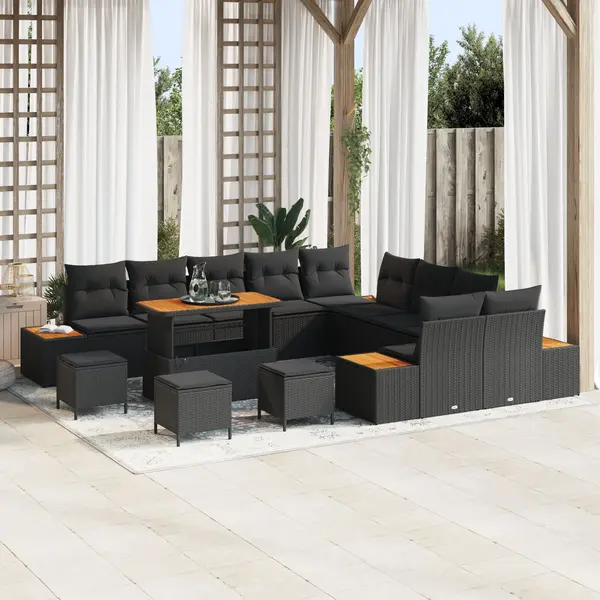 Set de 13 piese sofa de gradina cu pernute negru poliratan acacia, set de 3 piese masa de gradina cu pernute negru poliratan acacia