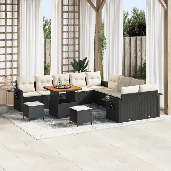 Set de 13 piese sofa pentru gradina cu perne din poliratan negru acacia, set de 3 piese pentru gradina cu perne din poliratan negru acacia