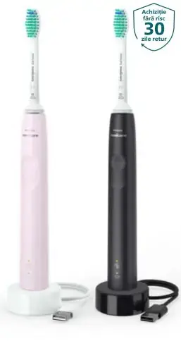 Set de 2 periute de dinti electrice sonice Philips Sonicare Seria 3100 HX3675/15, 31000 miscari/minut, 1 mod de curatare, Senzor presiune, Functia BrushSync, 2 capete de periere (Roz/Negru)