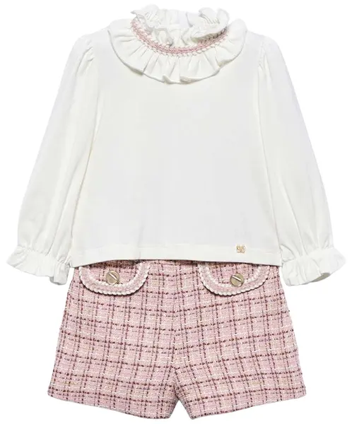 Set de 2 piese Abel & Lula - Bluza cu pantaloni scurți din țesătură tweed, roz pal, 18 luni
