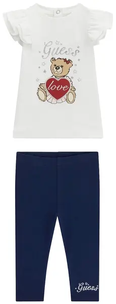 Set de 2 piese Guess - Bluză cu volănașe și colanți cu inscripție, alb, 18 luni