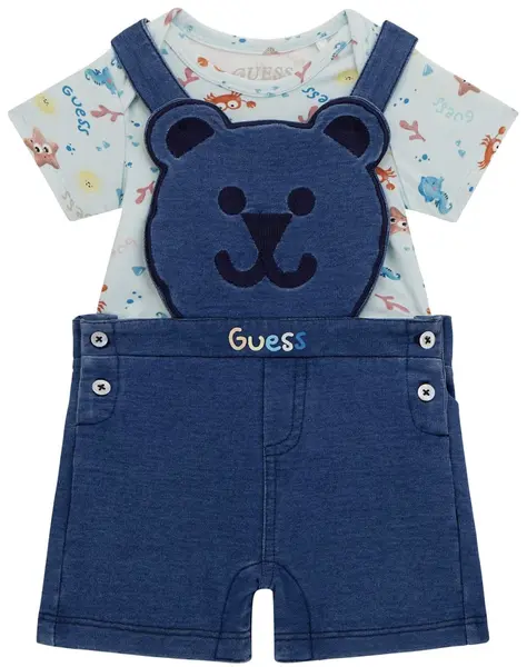 Set de 2 piese Guess - Salopetă cu ursuleț și tricou, albastru, 6-9 luni