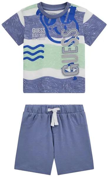 Set de 2 piese Guess - Tricou cu bretele late și pantaloni scurți, albastru, 3-6 luni