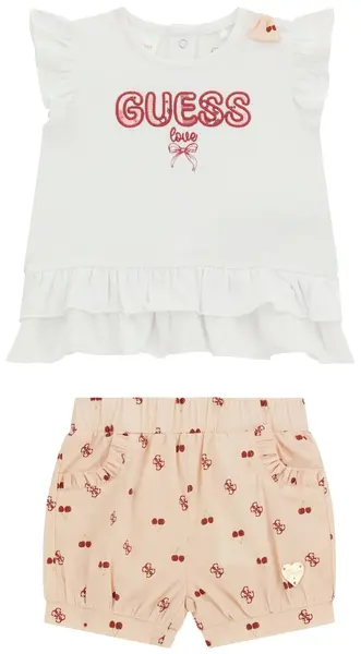 Set de 2 piese Guess - Tricou cu pantaloni cu cireșe, roz-alb, 18 luni